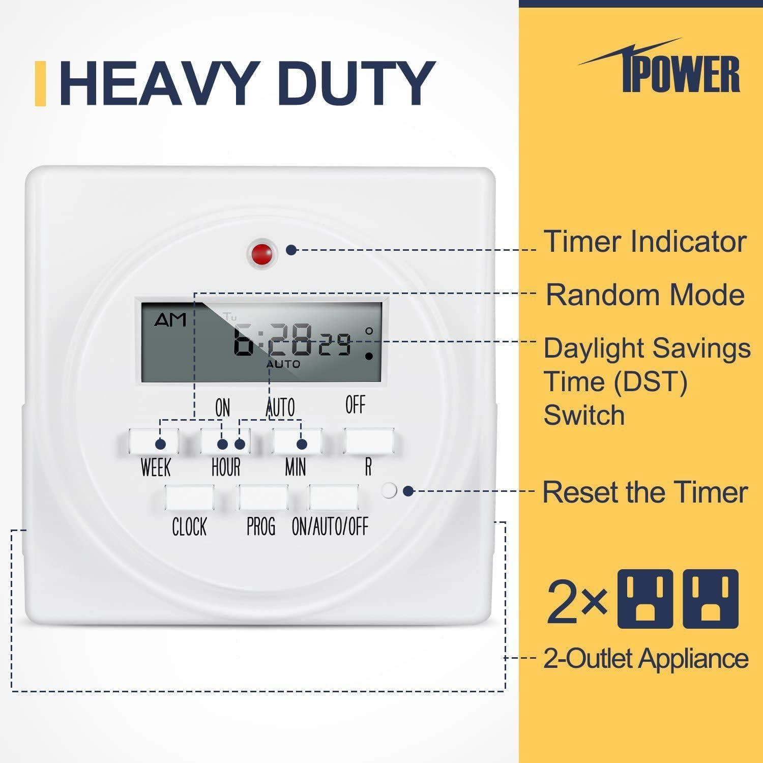 iPower Digital Programmable Timer, Heavy Duty Dual Outlet for Lights, 125VAC, 15A, 60 Hz, 1725W, ETL Listed, Indoor Dual Outlet Switch, Appliance, Pool Pump, White, 2 Pack