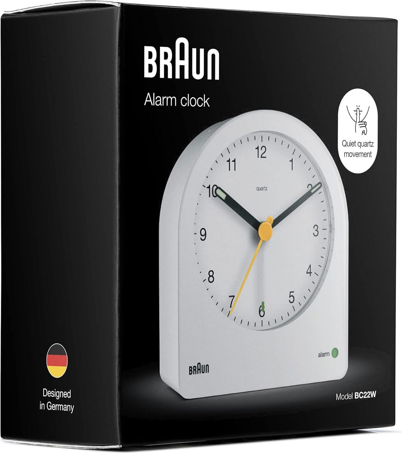 Braun Classic Analogue Alarm Clock with Snooze and Continuous Backlight, Quiet Quartz Movement, Crescendo Beep Alarm in White, model BC22W.