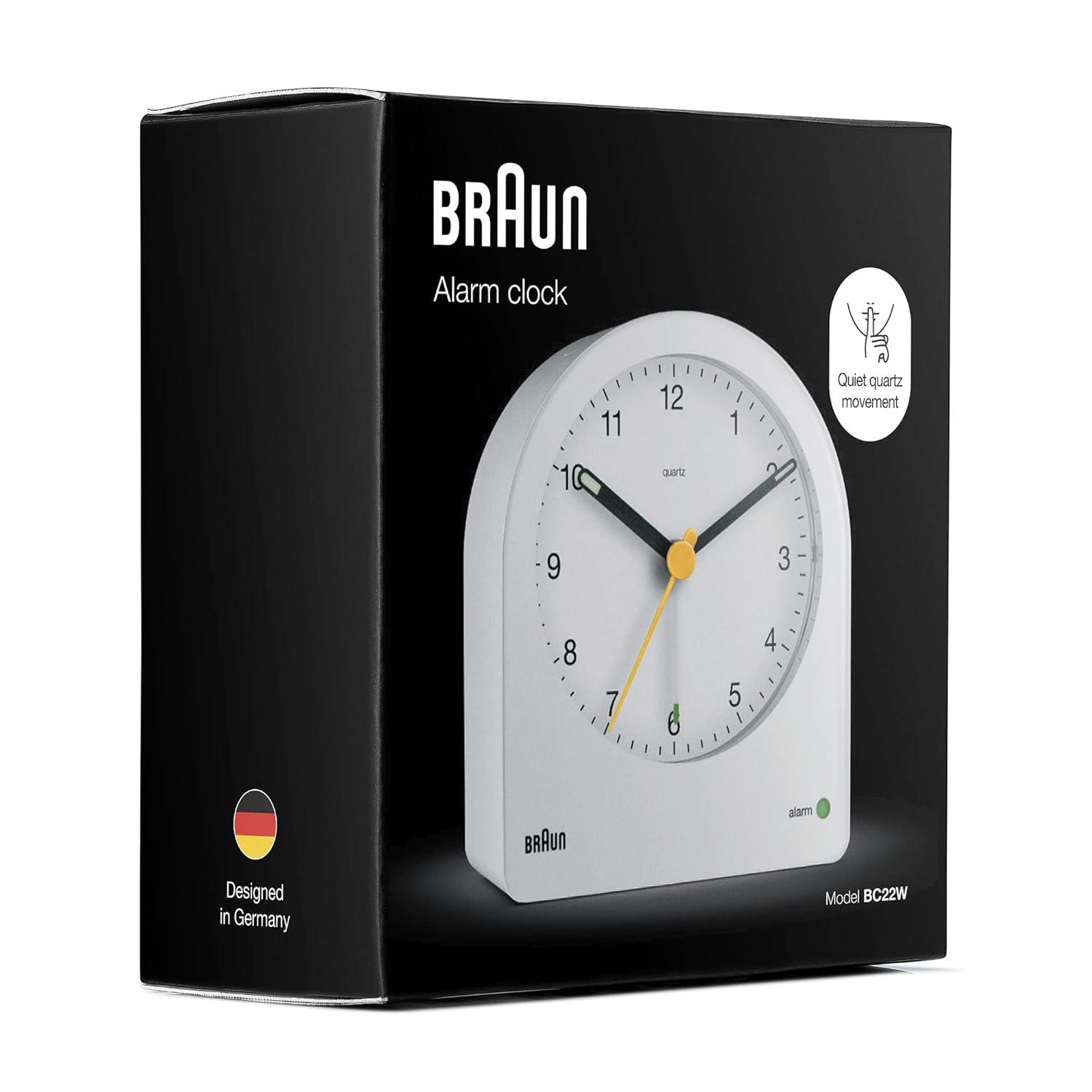 Braun Classic Analogue Alarm Clock with Snooze and Continuous Backlight, Quiet Quartz Movement, Crescendo Beep Alarm in White, model BC22W.