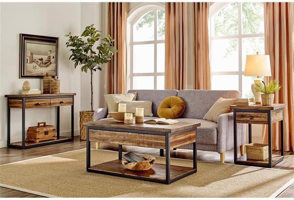 Claremont Rustic Wood End Table with Drawer and Low Shelf Dark Brown - Alaterre Furniture: Steel Frame, Acacia Top, Spot Clean