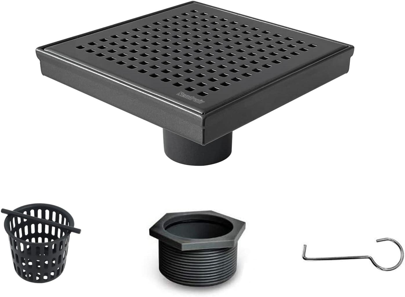 Neodrain 6-Inch Square Shower Drain with Removable Quadrato Pattern Grate,Brushed 304 Stainless Steel, with Watermark&CUPC Certified,Black