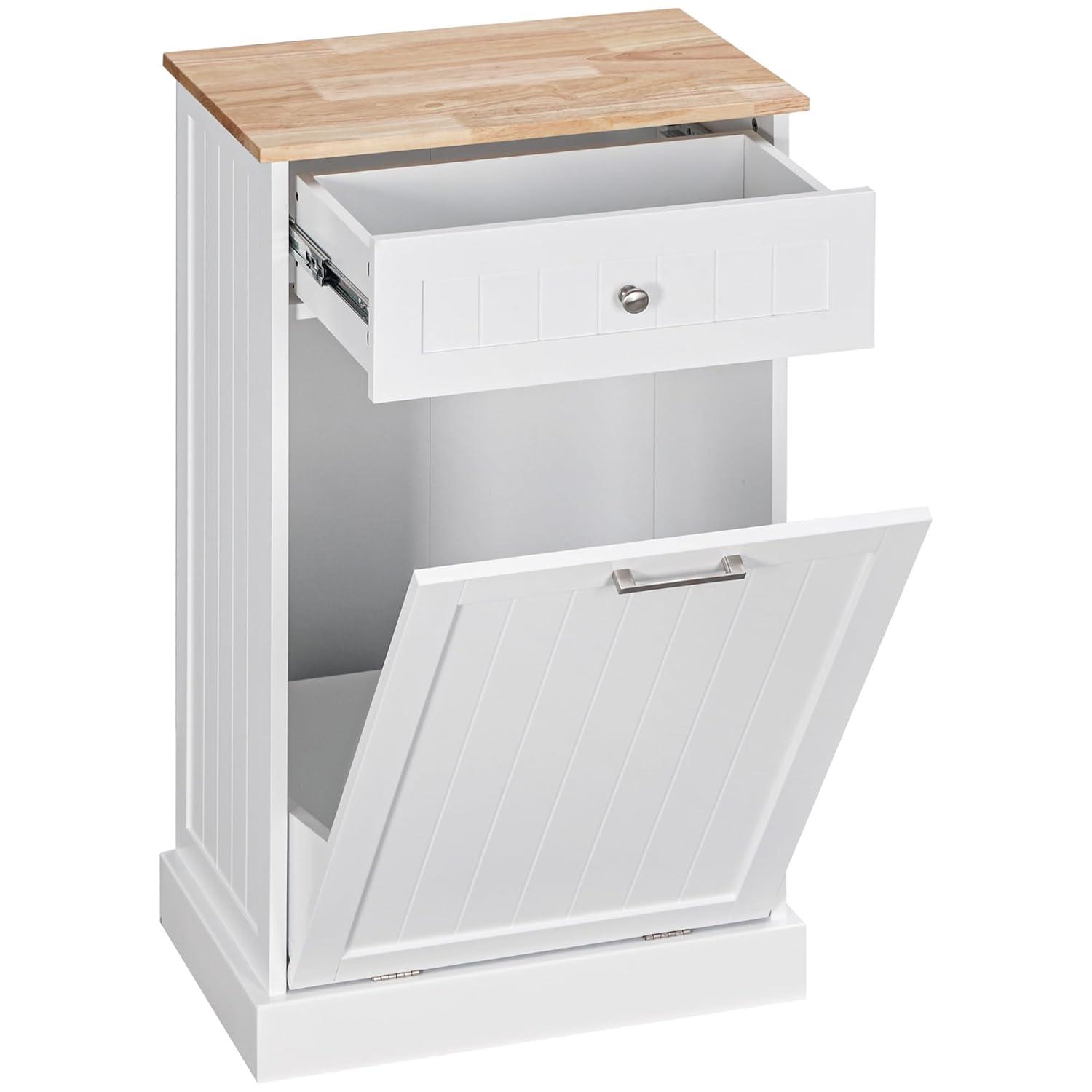 HOMCOM Kitchen Tilt Out Trash Can Holder Cabinet With Drawer, White Oak