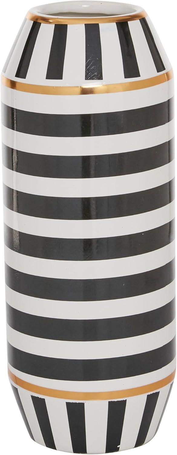 DecMode 16" Striped Black Ceramic Vase with Gold Accents
