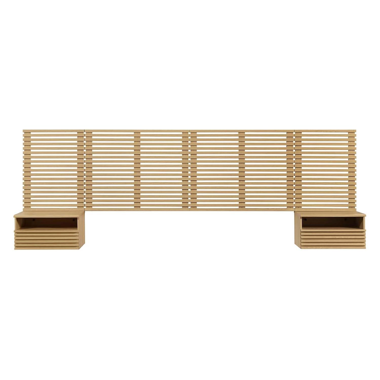 Modway Render Wall Mount King Headboard and Modern Nightstands in Oak