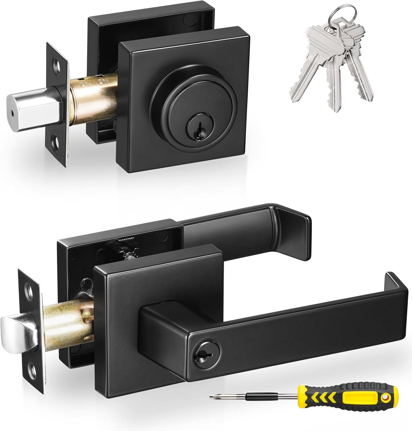 Front Door Handle and Deadbolt Set, Matte Black Exterior Door Lock Set with Deadbolt, Front Door Handles and Locks (2 Pack)