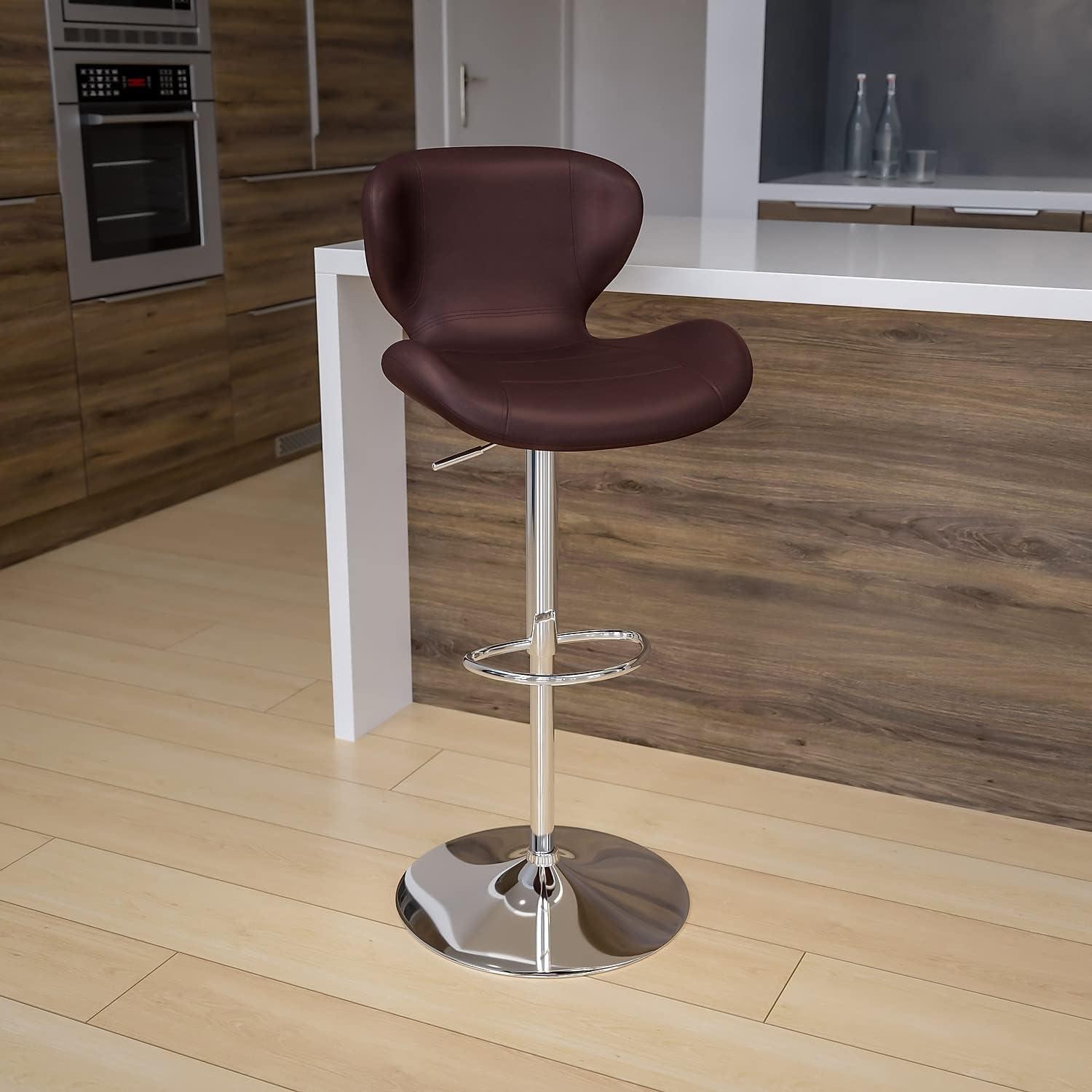 Curvaceous Brown Vinyl Adjustable Swivel Barstool with Chrome Base