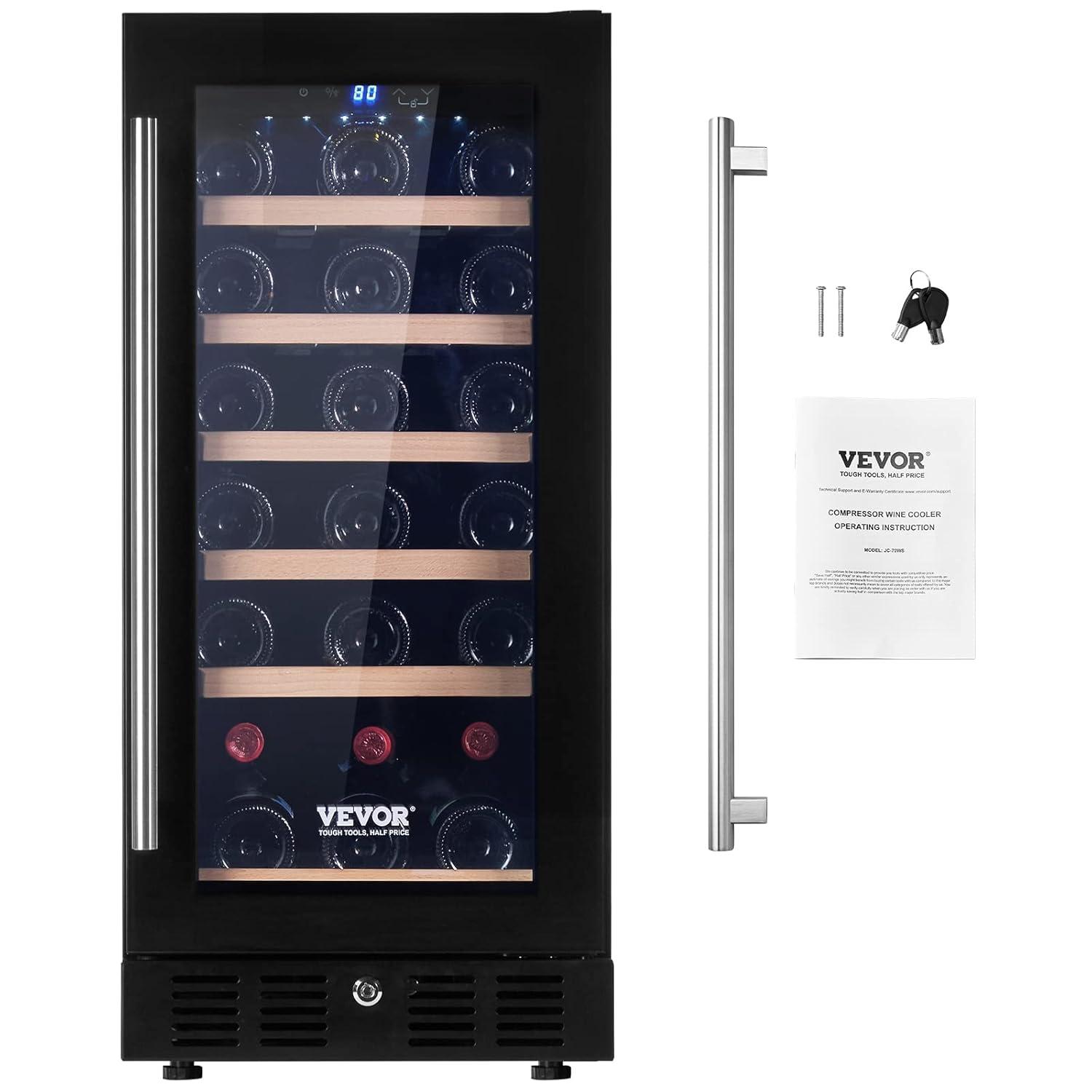 VEVOR Wine Cooler, 30 Bottles Capacity Under Counter Built-in or Freestanding Wine Refrigerator, Beverage Cooler with Blue LED Light, Single Door, Child Lock for Drink Beer Soda Wine Water, ETL Listed