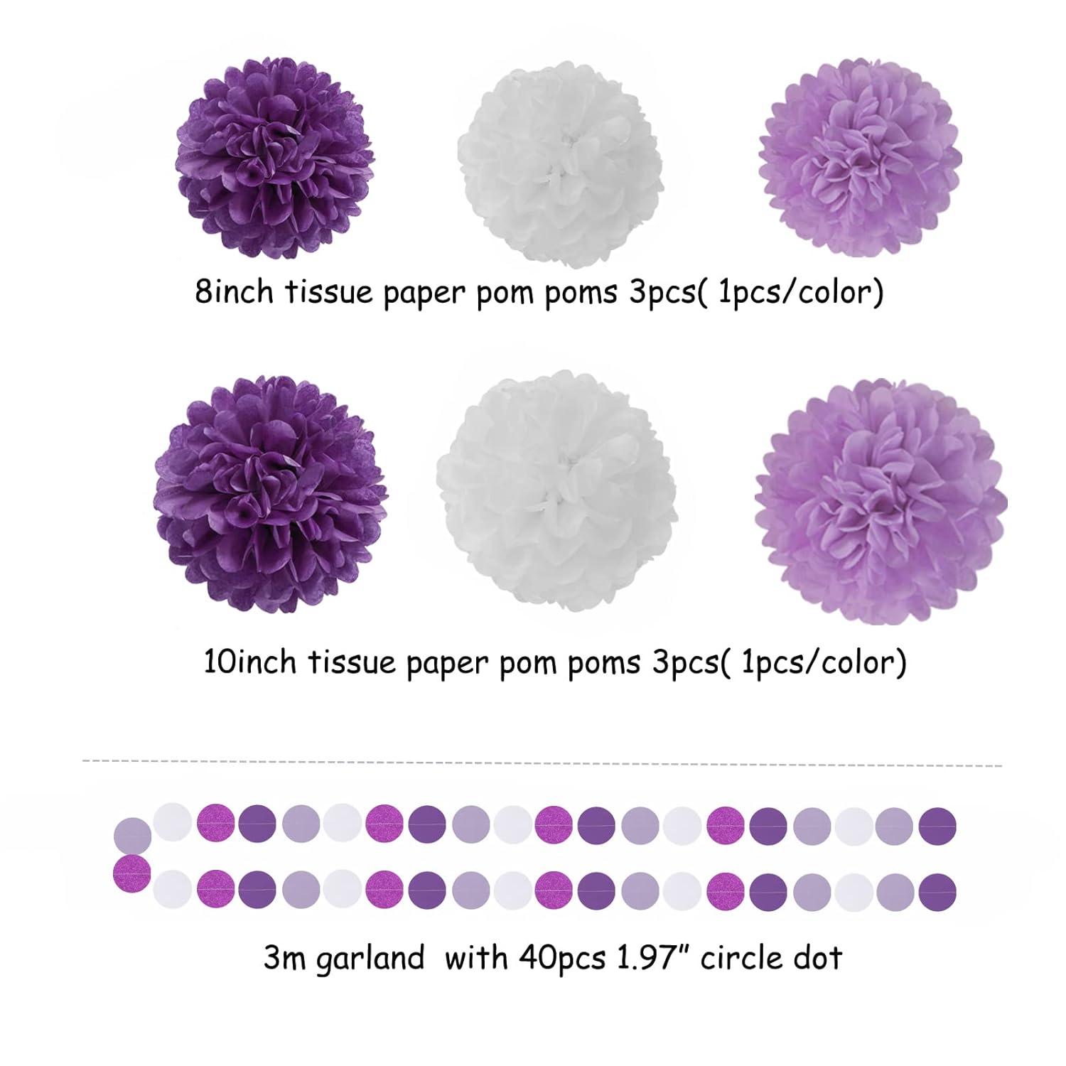 Purple White Lavender Party-Decorations Streamers - 28pcs Tissue Pom Poms,Women Girl Birthday Supplies Tassel Garland Banner,Baby Bridal Shower Wedding Engagement Bachelorette Graduation Decor Lasting Surprise