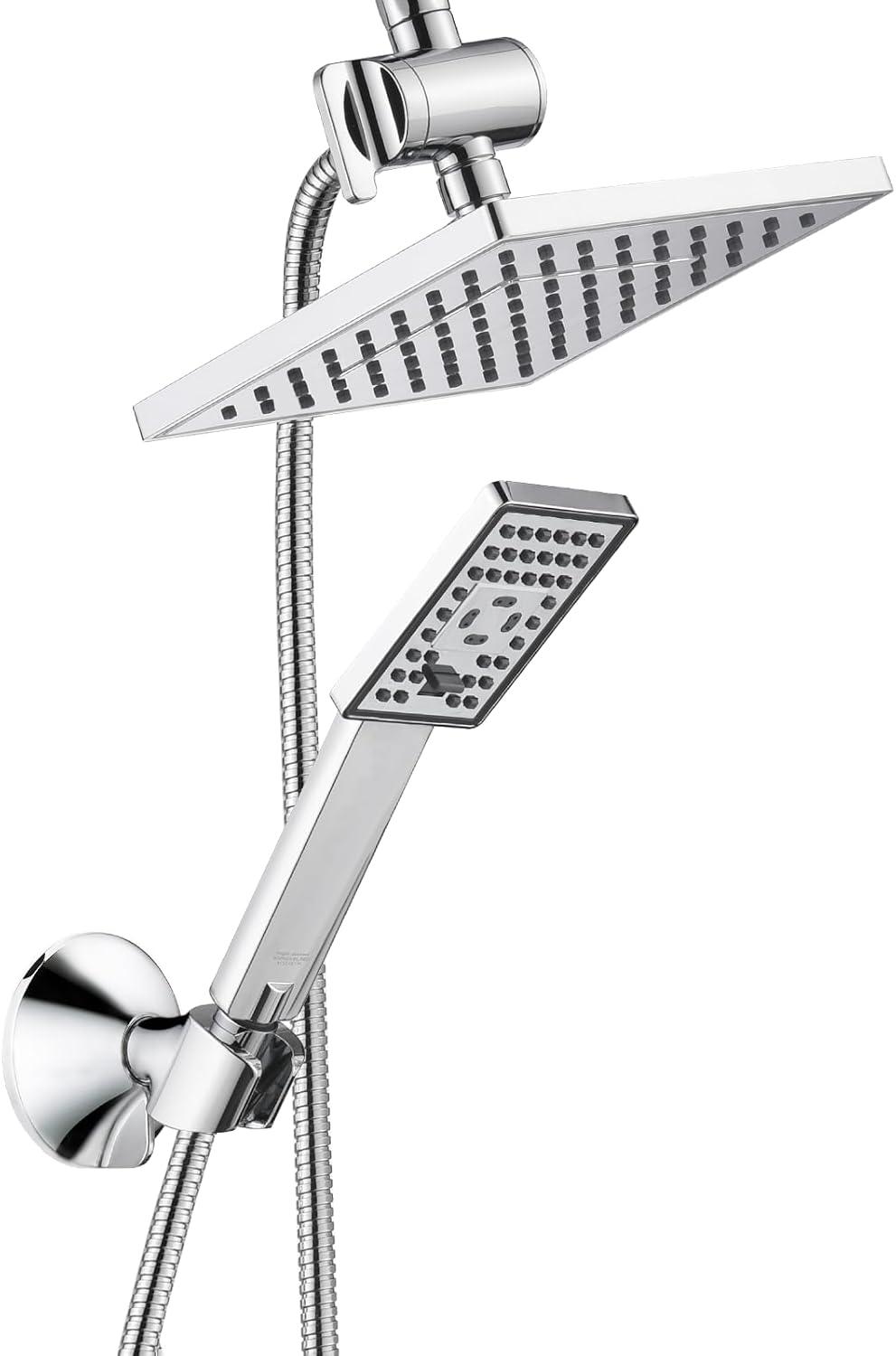 BRIGHT SHOWERS Rain Shower Head Combo, 8" Rainfall Shower with Handheld Spray, 60" Hose, 3-Way Diverter, Wall Bracket, Chrome
