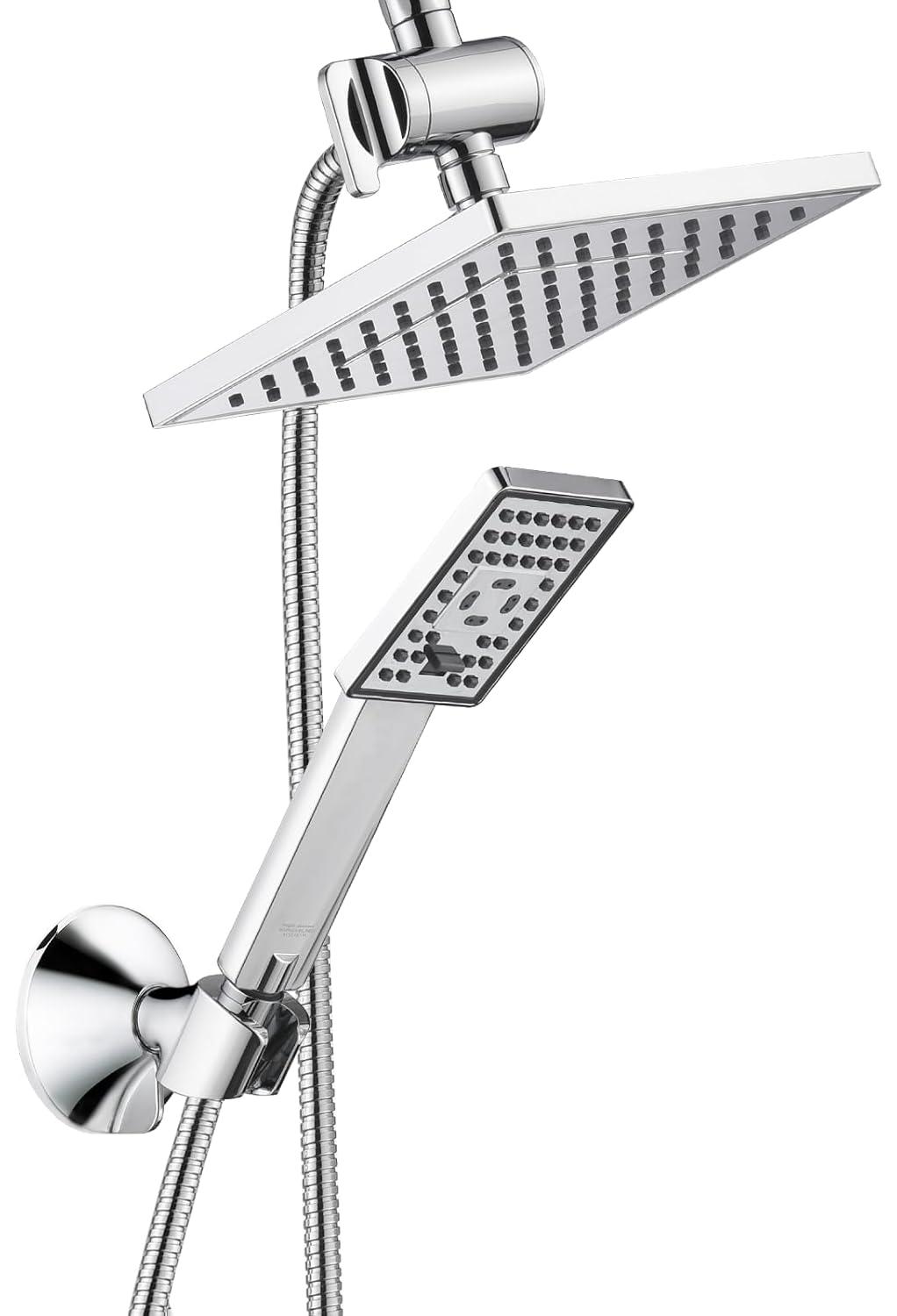 BRIGHT SHOWERS Rain Shower Head Combo, 8" Rainfall Shower with Handheld Spray, 60" Hose, 3-Way Diverter, Wall Bracket, Chrome