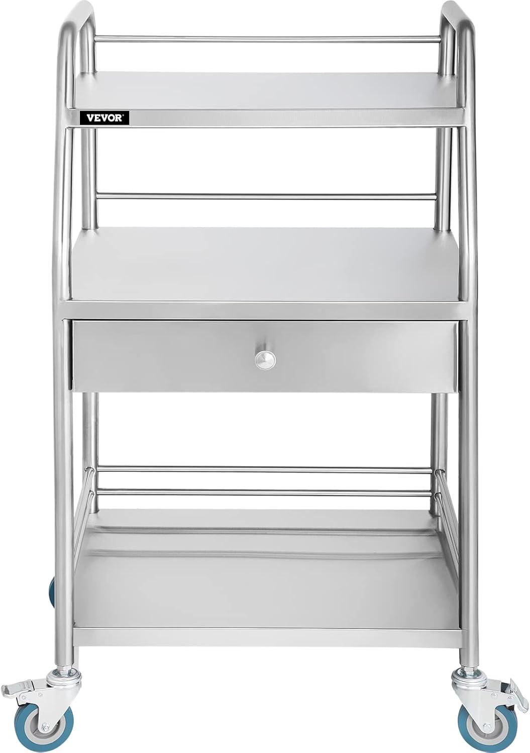 Stainless Steel 3-Shelf Rolling Lab Cart with Drawer