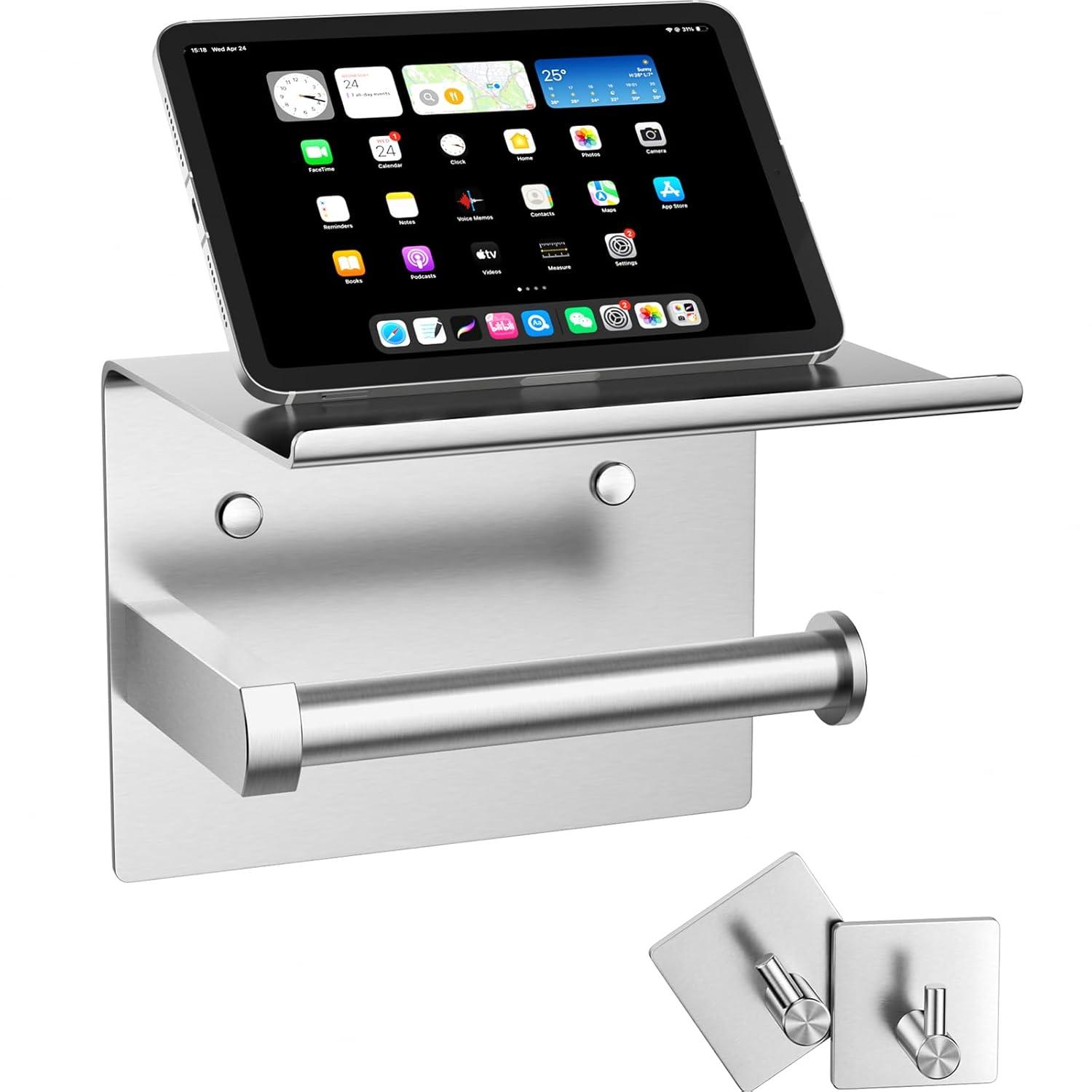 Tindbea Mega Size Toilet Paper Holder with Shelf + Towel Robe Hooks, Adhesive or Screw Wall Mounted Toilet Paper Roll Holder, Stainless Steel Bathroom Hardware Set (Brushed Nickel)