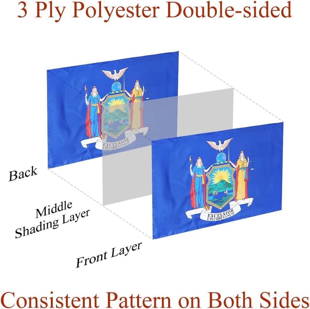 New York State Flag Double Sided 3x5 ft, Heavy Duty 3 Ply Durable Polyester, NY Flag with Vibrant Print/4 Rows Hemming/Brass Grommets