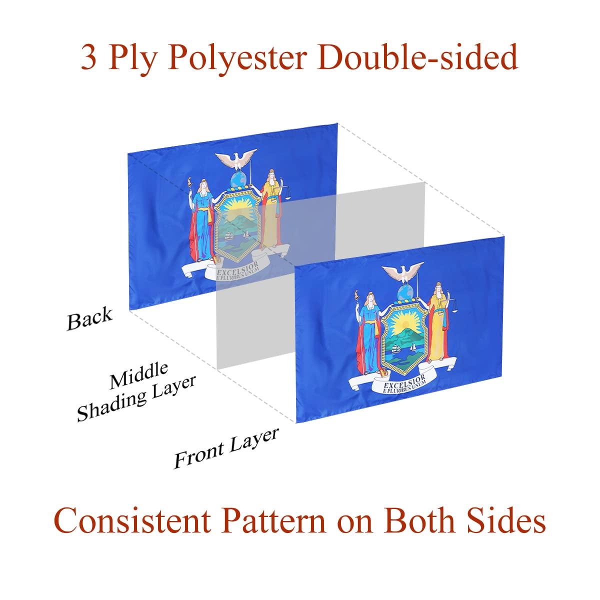 New York State Flag Double Sided 3x5 ft, Heavy Duty 3 Ply Durable Polyester, NY Flag with Vibrant Print/4 Rows Hemming/Brass Grommets