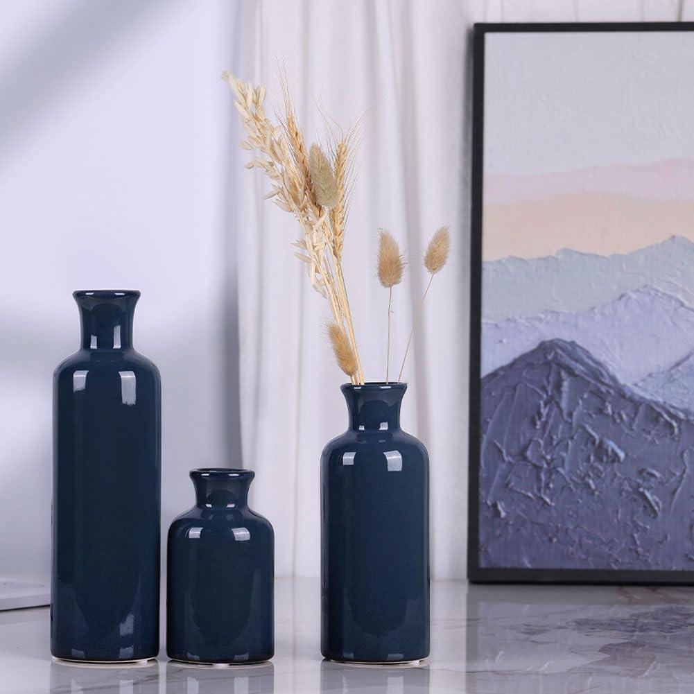 Blue Ceramic Vase Set for 3 - Modern Waterproof Small Vases, Farmhouse Country Home Decor, Living Room, Table, Fireplace, and Entrance Centerpieces