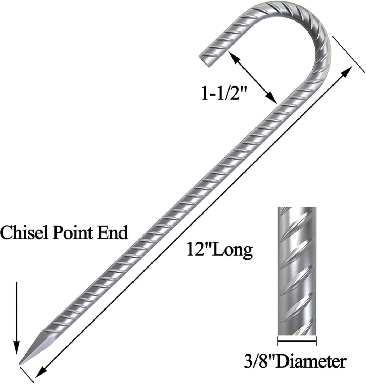AAGUT 12 Inch Galvanized Rebar Tent Stakes 3/8" J Hook 8 Pack, Chain Link Fence Stakes Canopy Yard Landscape Garden Staples, Heavy Duty Metal Steel Ground Anchors