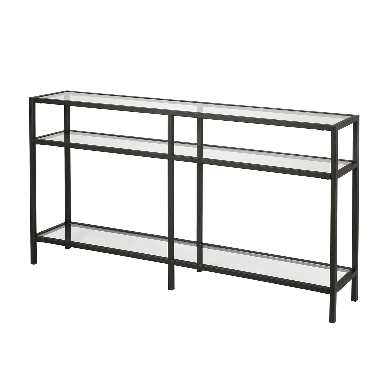 Sivil 55" Blackened Bronze and Black Metal Console Table with Glass Top
