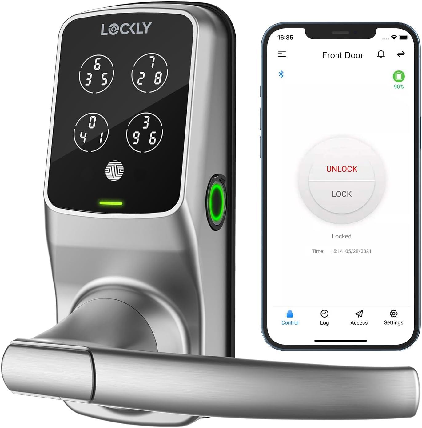 Lockly Secure Plus Bluetooth Smart Door Lock, Keyless Entry with PIN Genie® Digital Keypad, 3D Biometric Fingerprint Sensor Front Door Lock with Handle, Voice Control & Auto Lock - Latch Edition