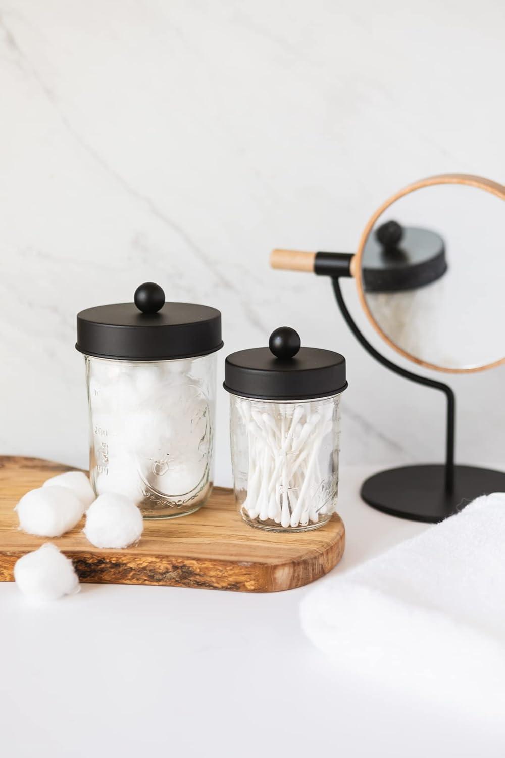 Mason Jar Bathroom Gift Set (4 pcs) - Lotion/Soap Dispenser, Toothbrush Holder, Q-Tip Storage Jars - Farmhouse Home Decor for Vanity Organization - Luxury Bathroom Accessories - Black