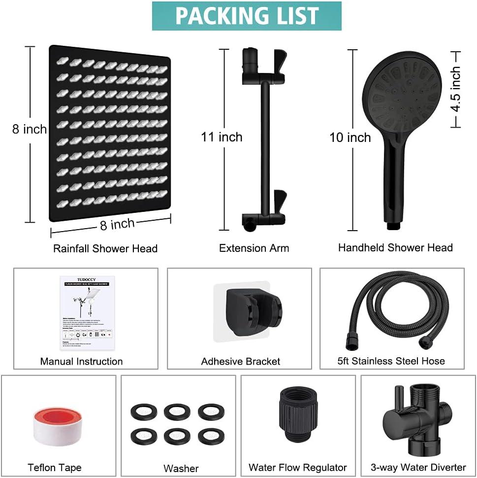 Shower Head with Hose, 8'' High Pressure Rain Shower Head, Handheld Shower Head Combo with 11'' Extension Arm, 5 Spray Settings Adjustable Shower Head with Holder, Height/Angle Adjustable
