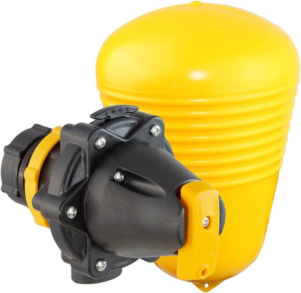 Jobe Valves J-MFV0100DLT Megaflow Trough Valve, 200L/Min, 150PSI, Detach Base, Long Tail, 1" NPT Inlet, Yellow/Black