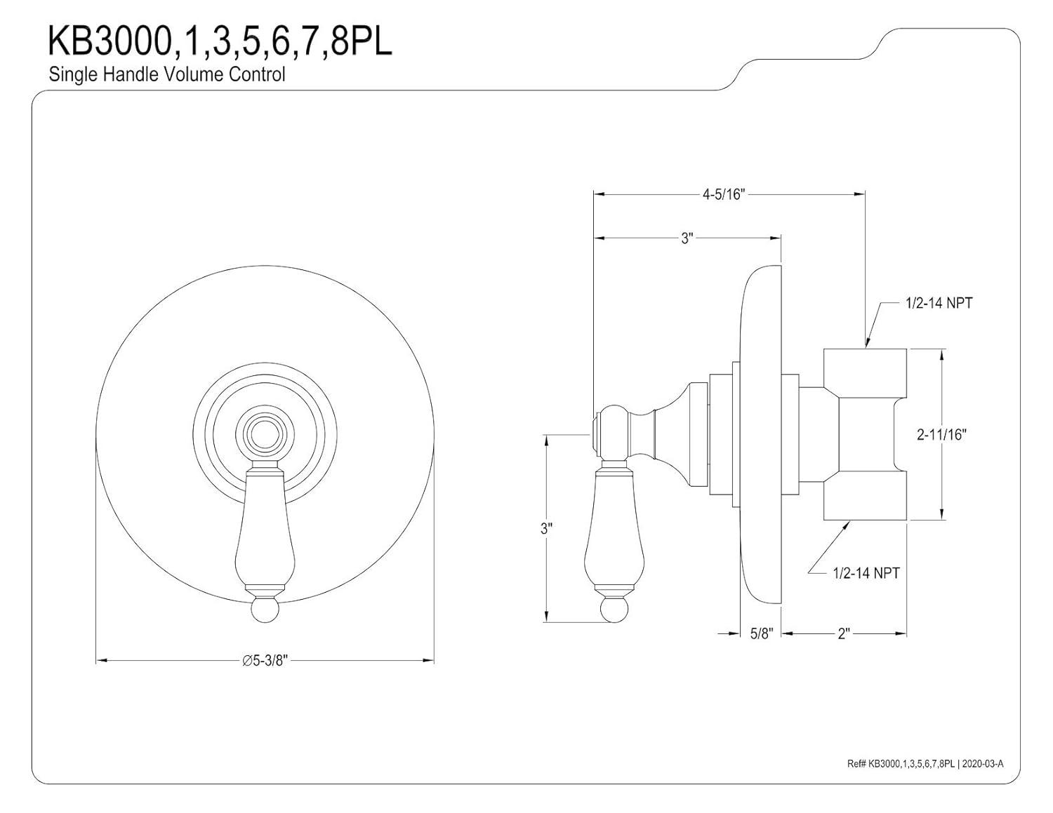 Kingston Brass KB3005PL Volume Control with Lever Handle, Oil Rubbed Bronze