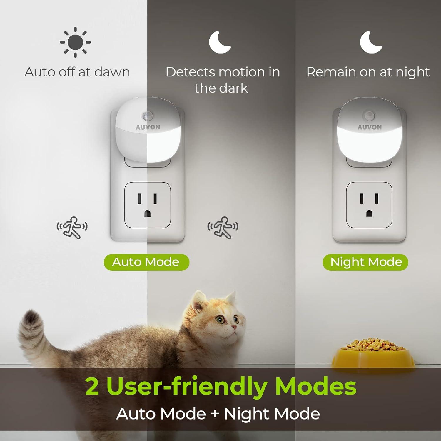 AUVON Plug in Night Light with Motion Sensor and Dusk to Dawn Sensor, Mini Warm White LED Nightlight with 1-50 lm Adjustable Brightness for Bathroom, Hallway, Stairs, Bedroom, Kitchen (4 Pack)