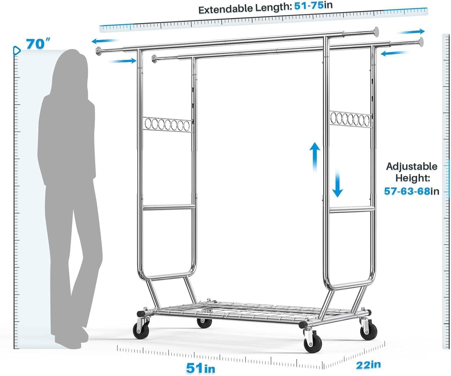 HOKEEPER Double Clothing Garment Rack with Shelves Capacity 600 lbs Clothing Racks on Wheels Rolling Clothes Rack for Hanging Clothes Heavy Duty Portable Collapsible Commercial Garment Rack Chrome