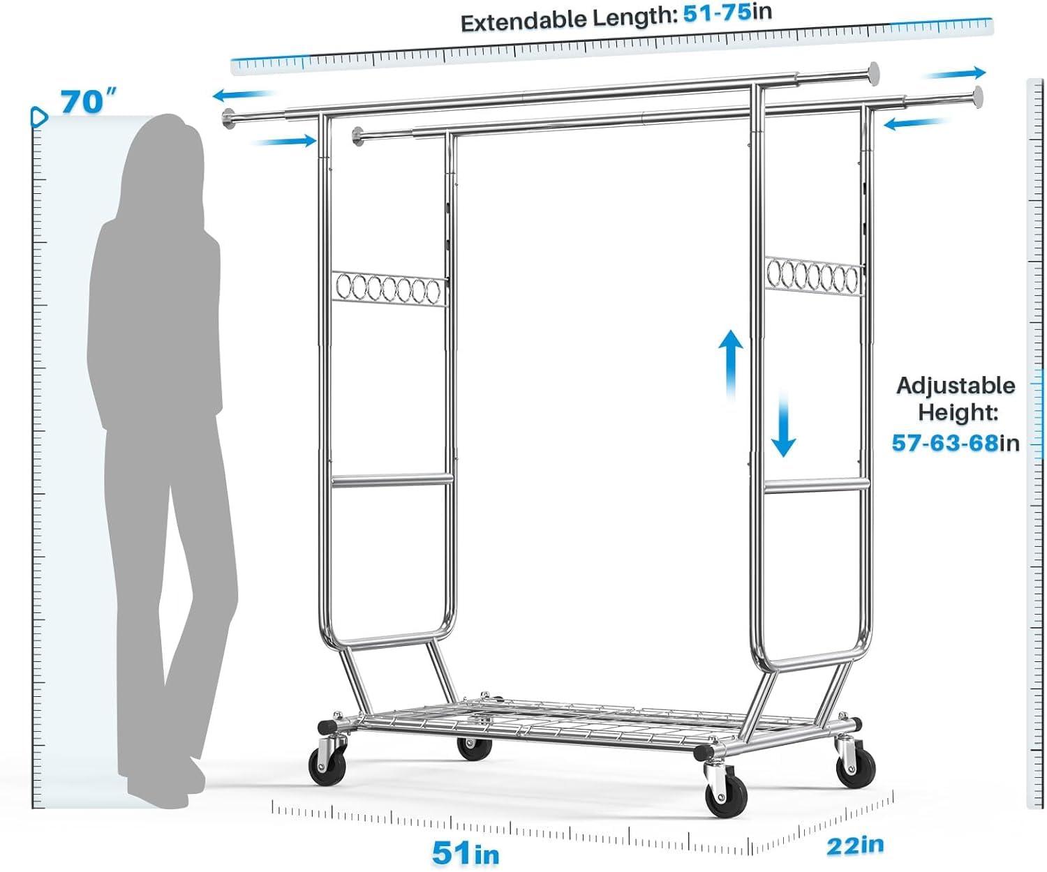 HOKEEPER Double Clothing Garment Rack with Shelves Capacity 600 lbs Clothing Racks on Wheels Rolling Clothes Rack for Hanging Clothes Heavy Duty Portable Collapsible Commercial Garment Rack Chrome
