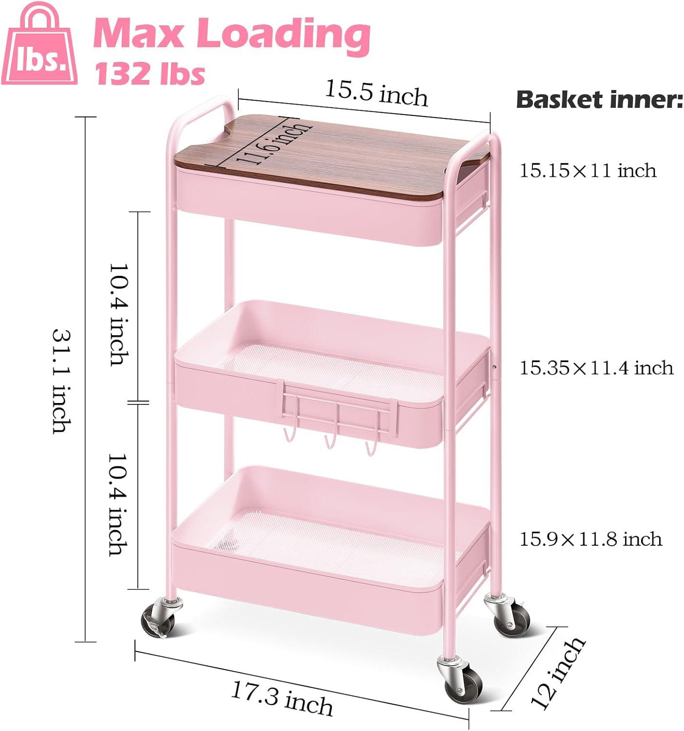 Pink Metal 3-Tier Rolling Utility Cart with Wooden Top