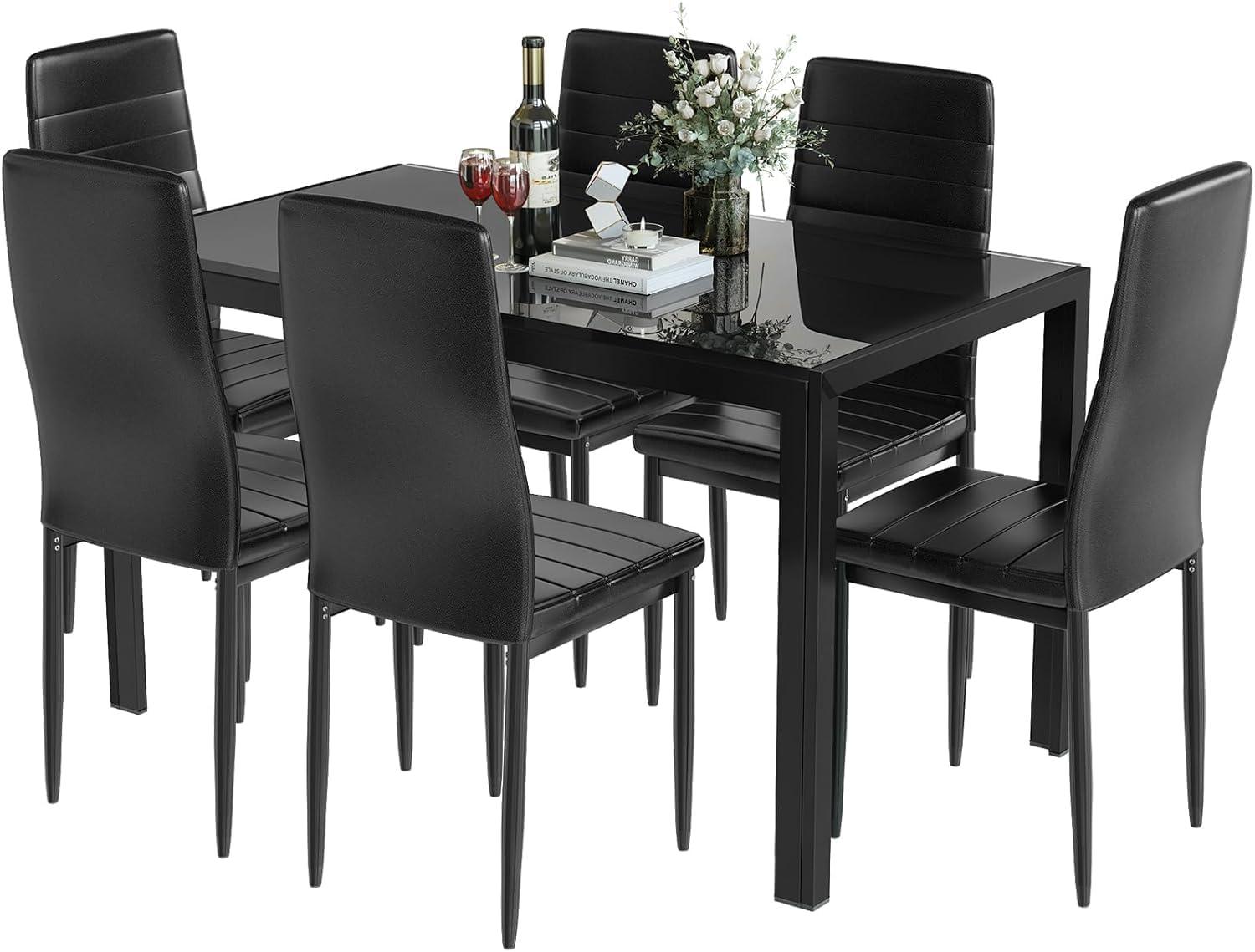 Best Choice Products 7-Piece Kitchen Dining Table Set w/ Glass Tabletop, 6 Faux Leather Chairs