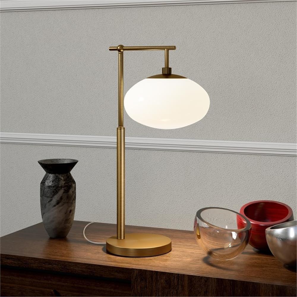 Evelyn&Zoe Blume 25" Tall Arc Table Lamp with Glass Shade in Brushed Brass/Seeded
