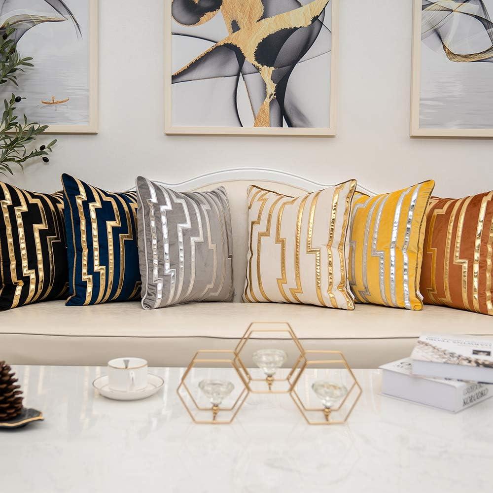 White Geometric Gold Leather Striped Throw Pillow Covers 18" x 18", Luxury European Cushion Cases Decorative Pillows for Couch Living Room Bedroom 40 x 40cm