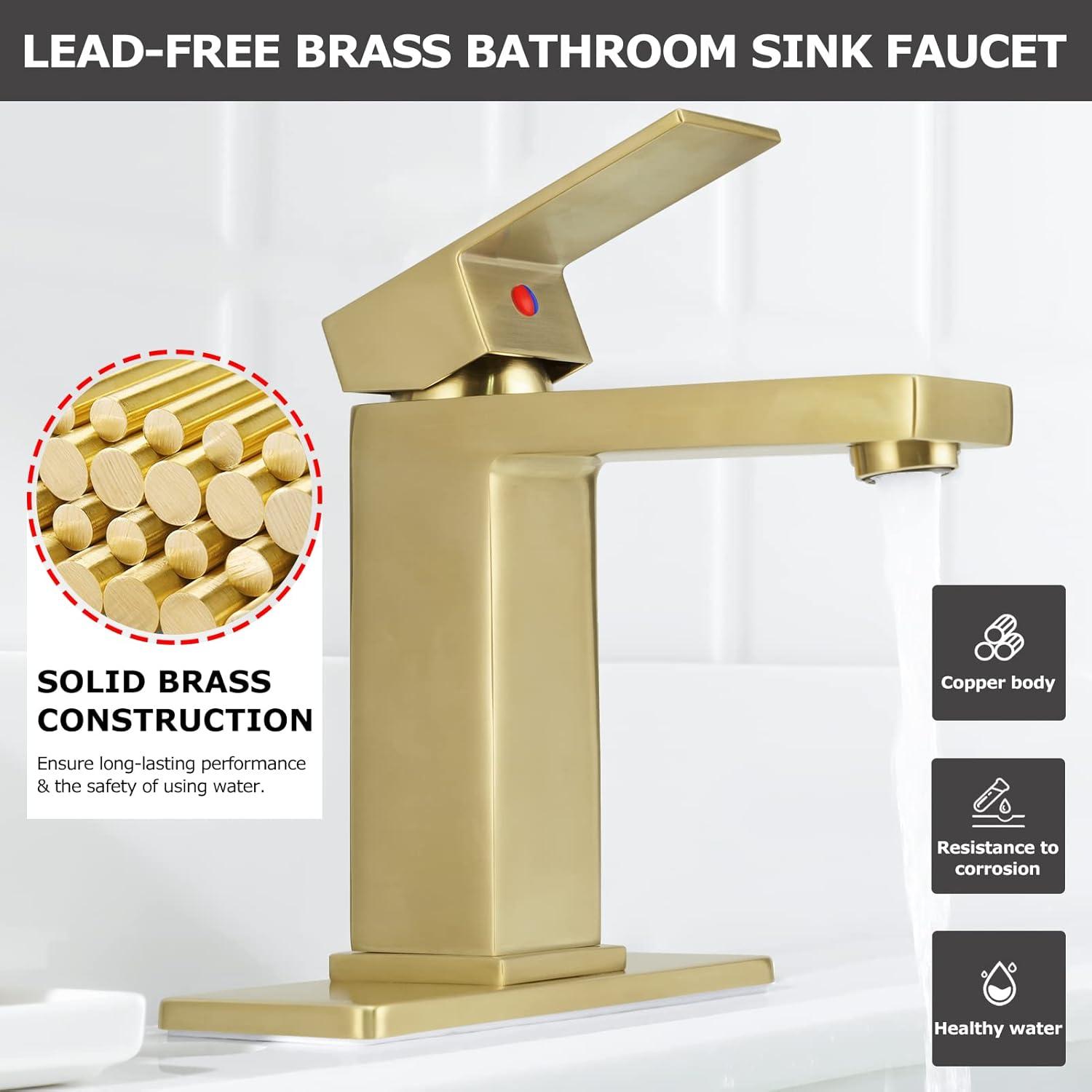 Brass Bathroom Sink Faucet Single Handle Lavatory Vanity Mixer Tap 1 Hole with Deck Plate, Metal Pop-up Drain Assembly & Water Supply Lines (Brushed Gold)