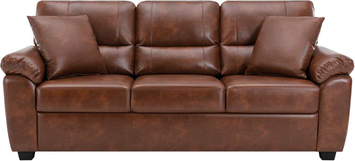 Brown Leather 3-Seat Flared Arm Sofa with Wood Frame