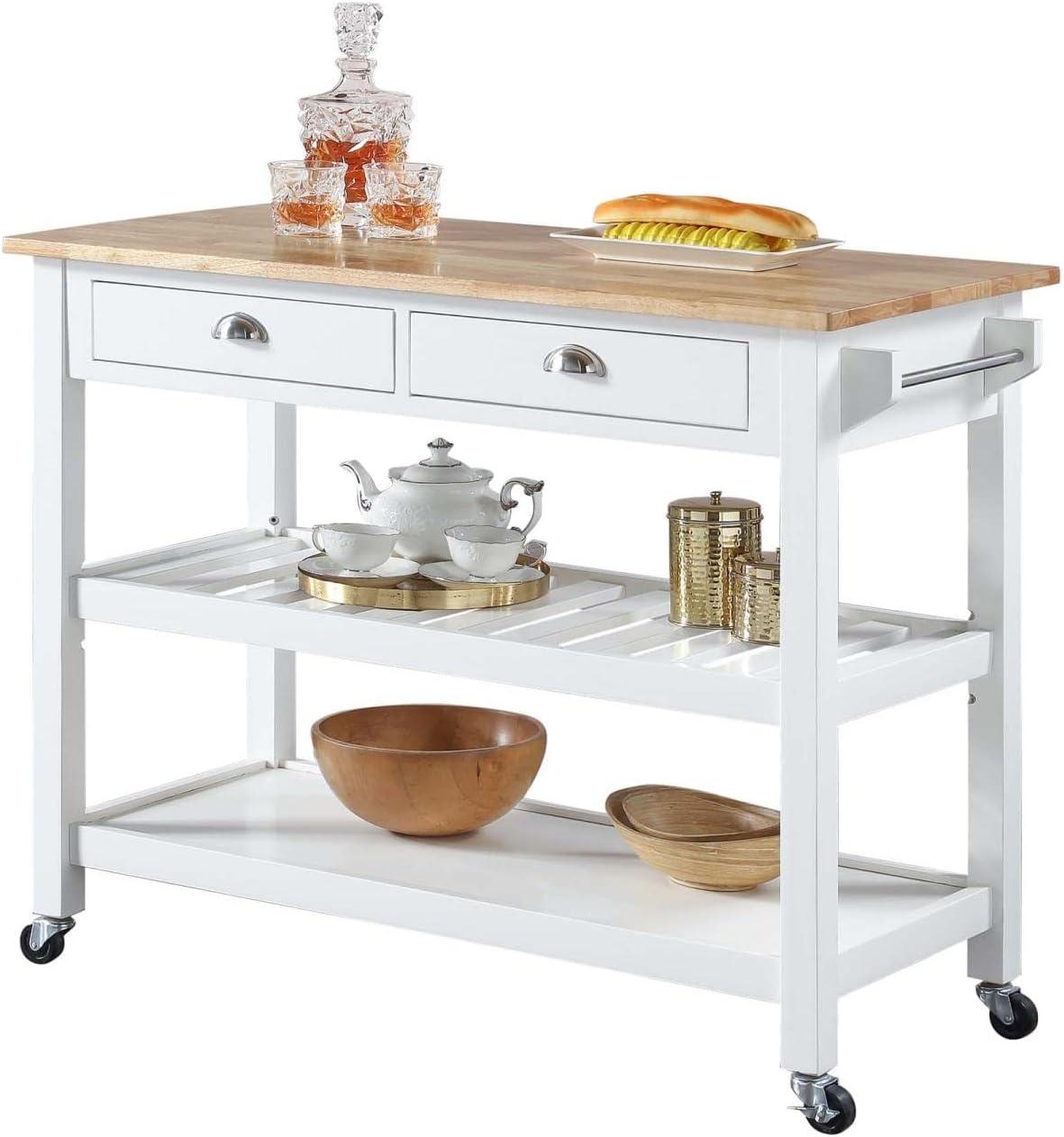 Convenience Concepts American Heritage 3 Tier Butcher Block Kitchen Cart with Drawers, White/Butcher Block