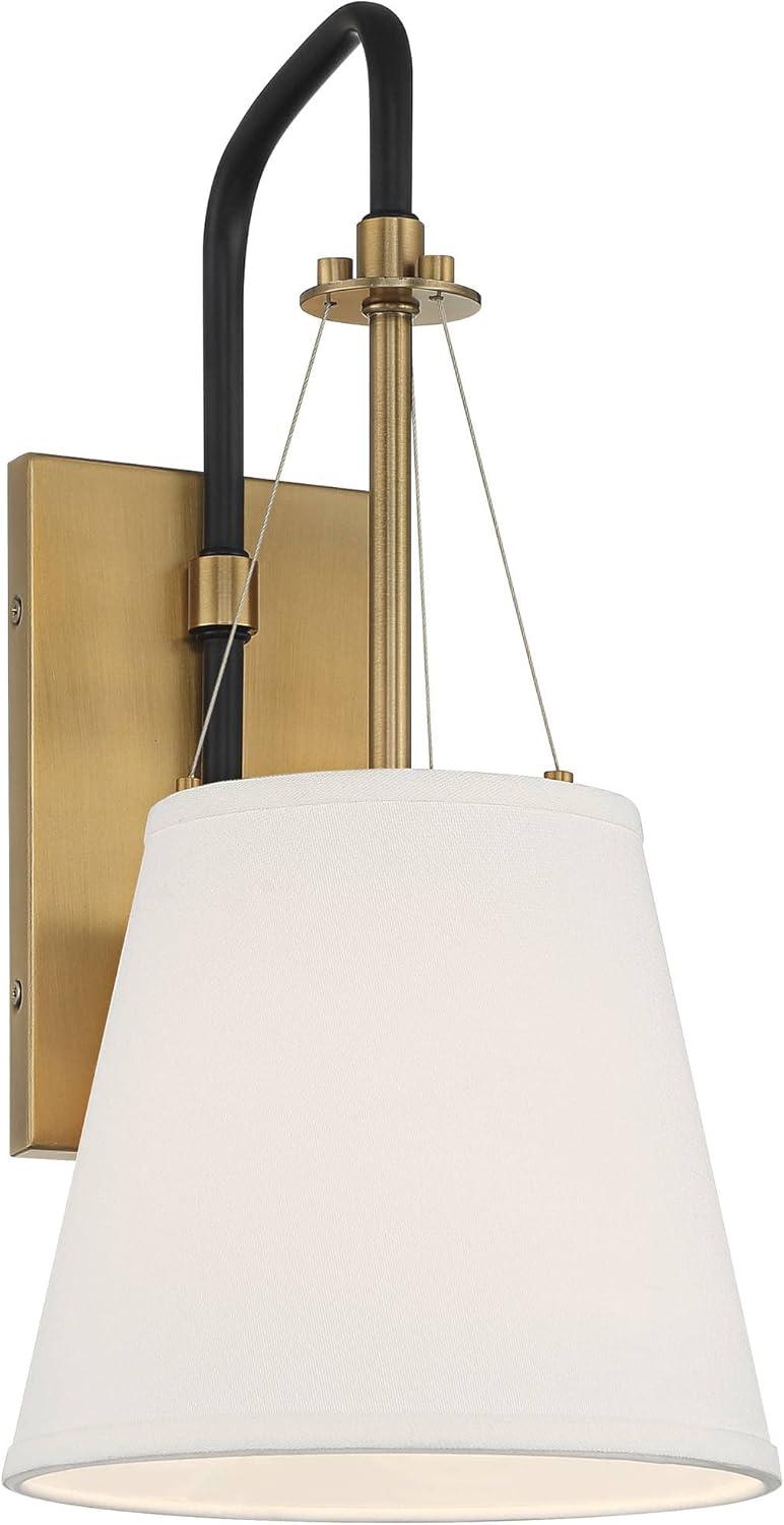 Possini Euro Design Mid Century Modern Wall Light Sconce Brass Black Hardwired 8" Fixture White Linen Shade for Bedroom Living Room