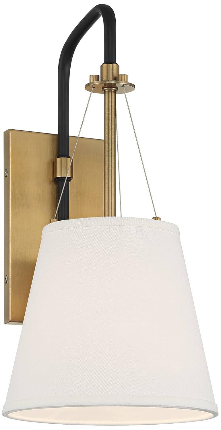 Possini Euro Design Mid Century Modern Wall Light Sconce Brass Black Hardwired 8" Fixture White Linen Shade for Bedroom Living Room