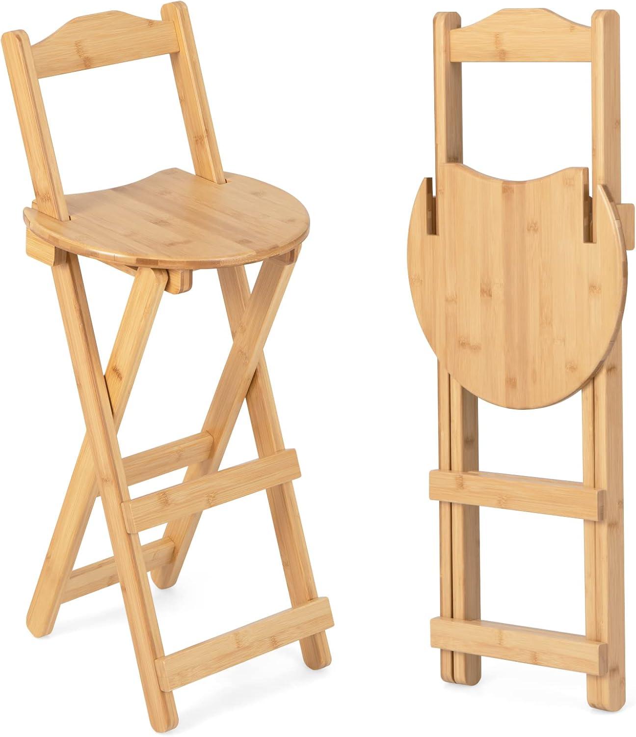 Costway Set of 2 Bamboo Folding Barstools Counter Height Dining Chairs Installation Free
