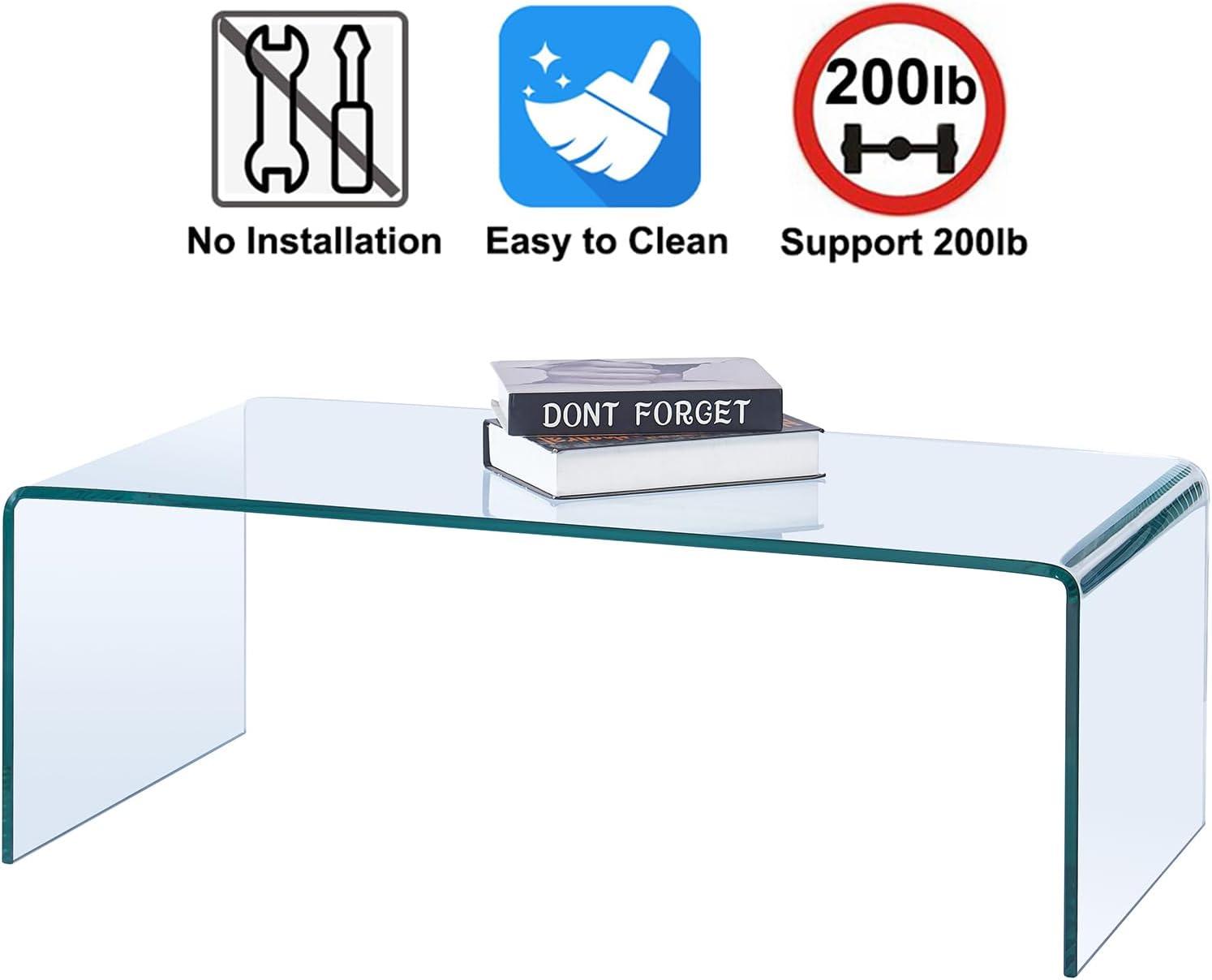 Glass Coffee Table, Modern Clear Tables for Living Room, Small Rectangle Tempered Glass Waterfall Sofa End Coffee Tables 39.4" x 19.7" x 13.78"H