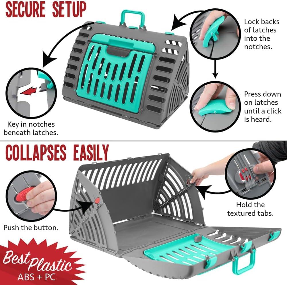 Sport Pet Designs, Foldable Plastic Travel Cat Carrier, Waterproof Bed included, 35 lb Limit, Gray