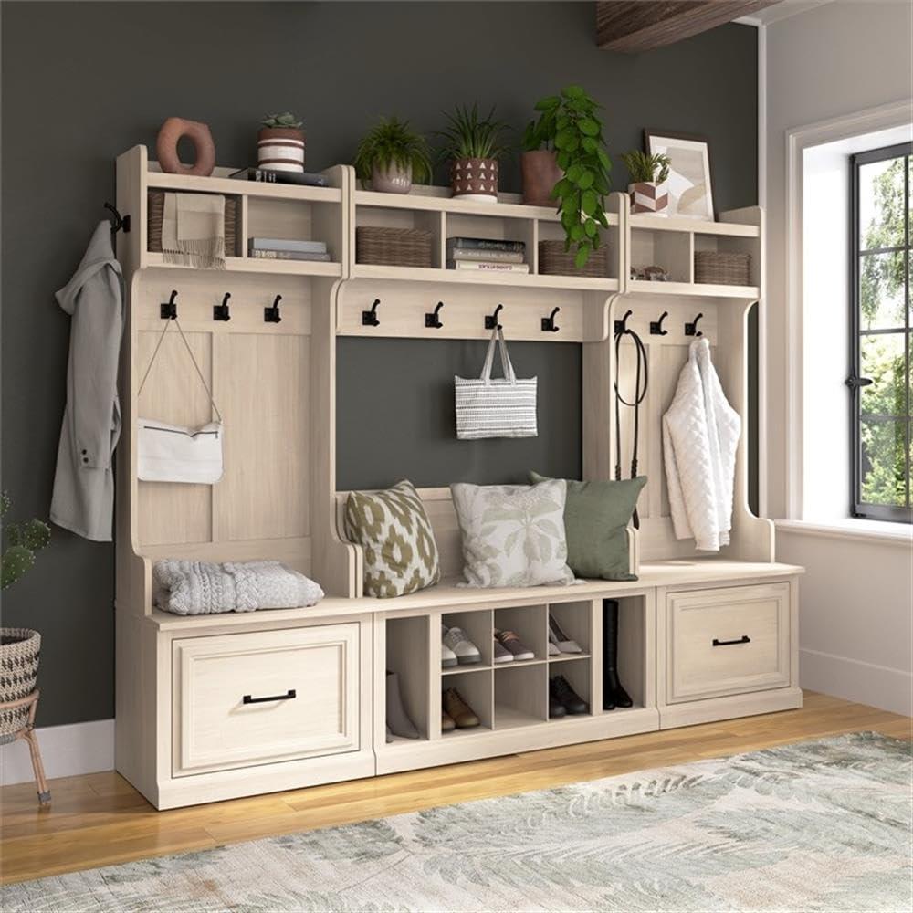 Woodland 40W Hall Tree and Shoe Bench w/ Doors in White Maple - Engineered Wood