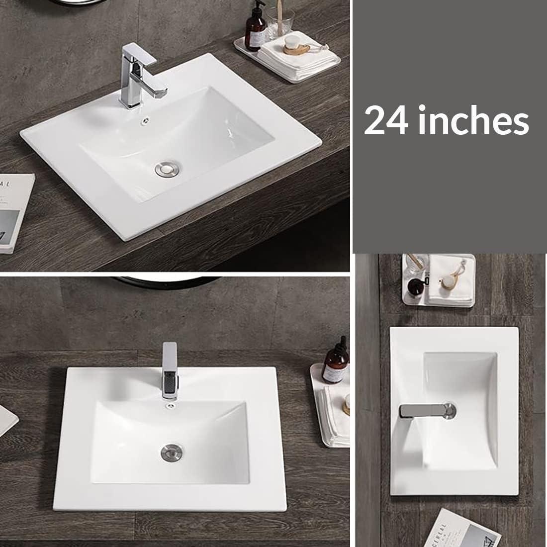 Miniyam 24" Ceramic Sink with Overflow, Drop in Bathroom Vessel Sink, White