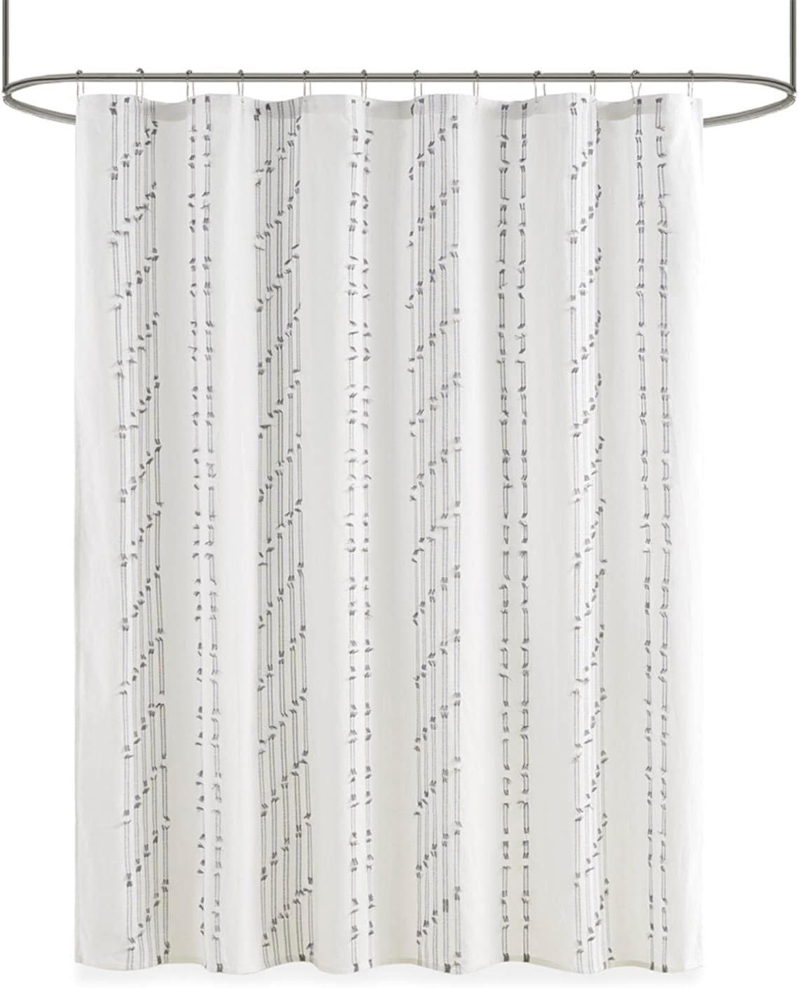 Ivory Cotton Jacquard Shower Curtain with Frayed Detailing, 72x72