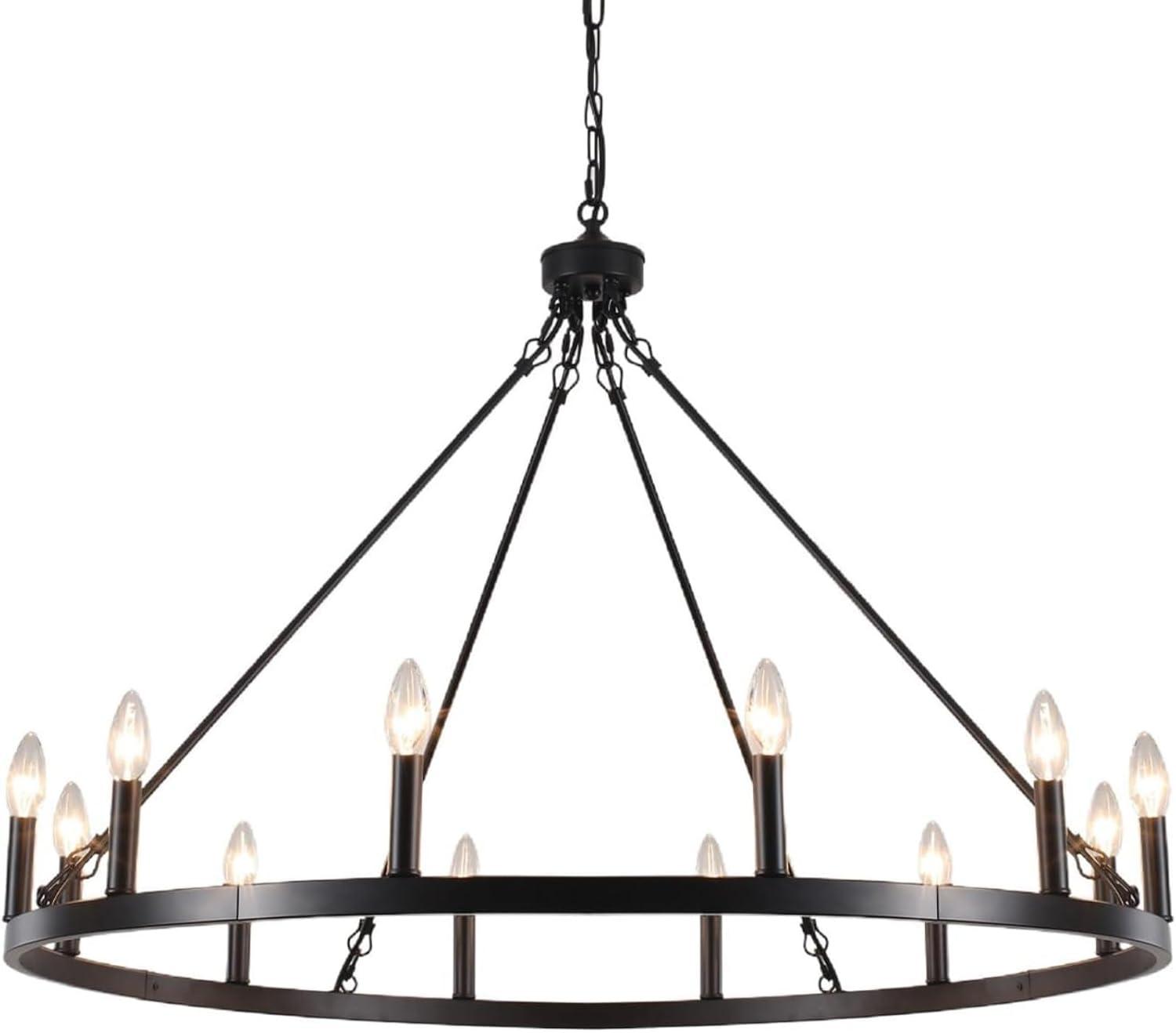 Black 38" Wagon Wheel 12-Light Industrial Farmhouse Chandelier