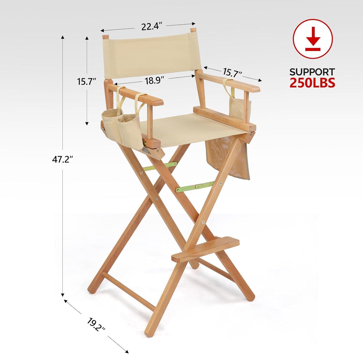 OmySalon Professional Folding Makeup Artist Chair - 31" Tall Heavy Duty Director Chair for Studio & On-The-Go Use | 250lbs Capacity, Apricot Canvas with Storage Bags, Footrest & Solid Hardwood Frame
