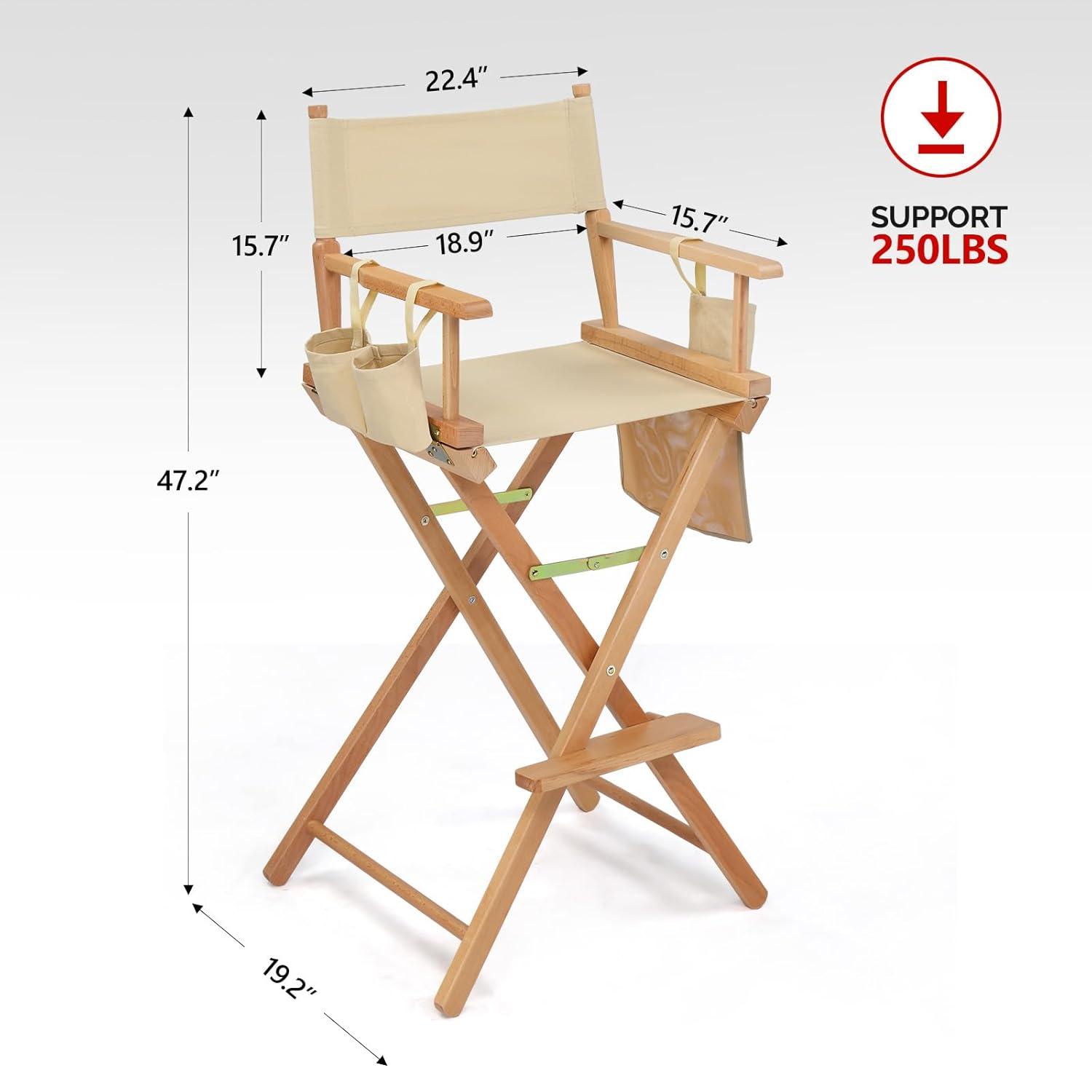 OmySalon Professional Folding Makeup Artist Chair - 31" Tall Heavy Duty Director Chair for Studio & On-The-Go Use | 250lbs Capacity, Apricot Canvas with Storage Bags, Footrest & Solid Hardwood Frame