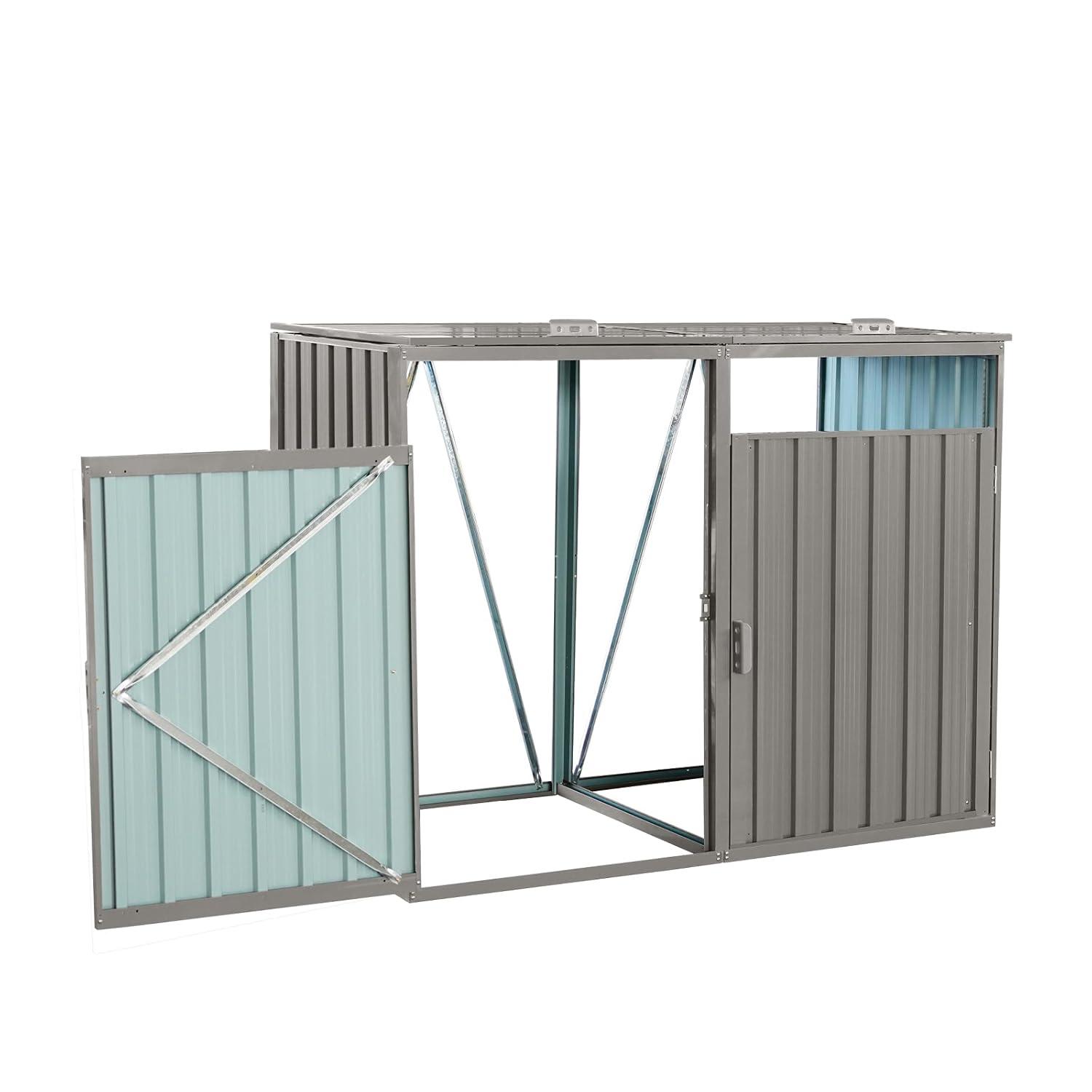 KAQCVIN Garbage Bin Shed Stores 2 Trash Cans Metal Outdoor Bin Shed