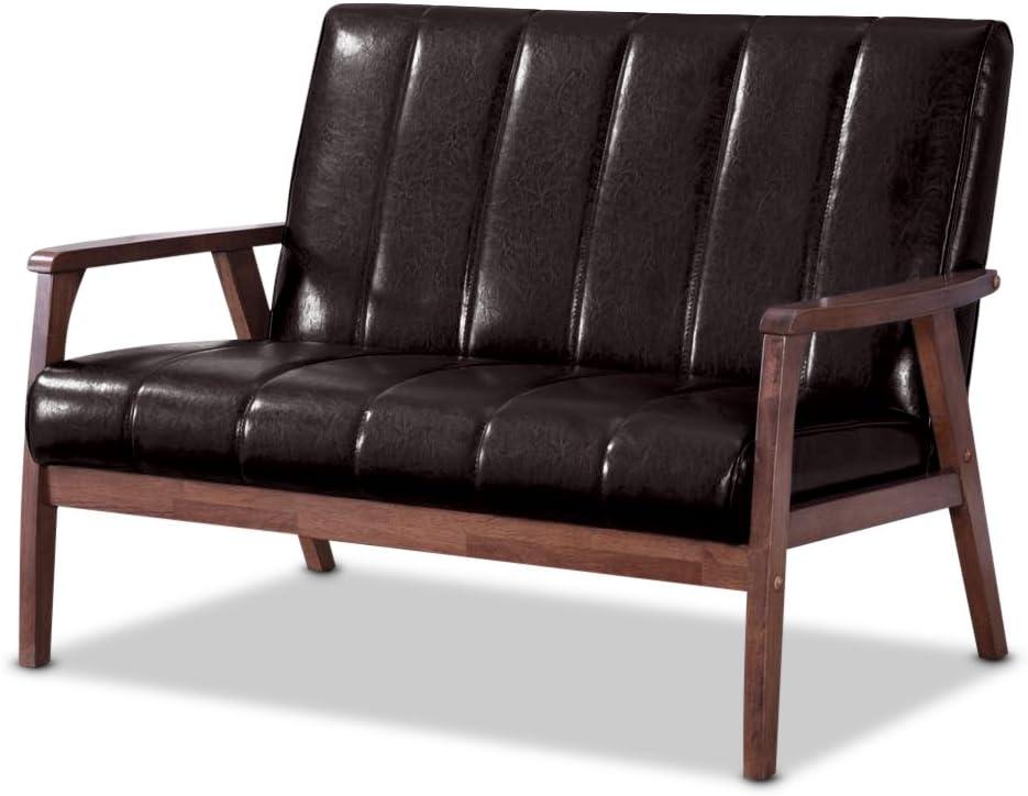 Nikko Mid-Century Modern Scandinavian Style Faux Leather Wooden 2 Seater Loveseat Dark Brown - Baxton Studio: Compact, Rubberwood Frame, Easy to Clean