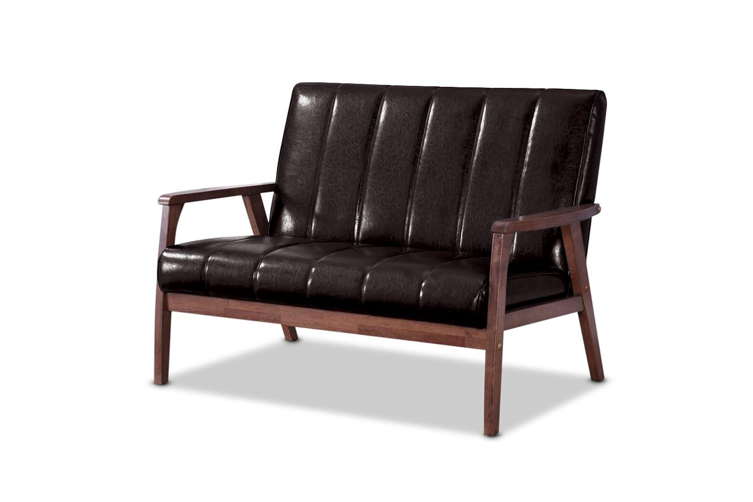 Nikko Mid-Century Modern Scandinavian Style Faux Leather Wooden 2 Seater Loveseat Dark Brown - Baxton Studio: Compact, Rubberwood Frame, Easy to Clean